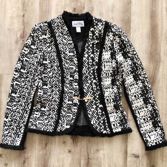 Joseph Ribkoff, Blazer, Black‎ And White, With Black Fringe Trim, Size 8 - Picture 3 of 15